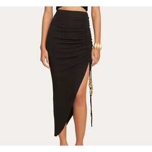 Cult Gaia Icarus Ruched Black  Asymmetric Midi Skirt with Gold Hardware Size XS